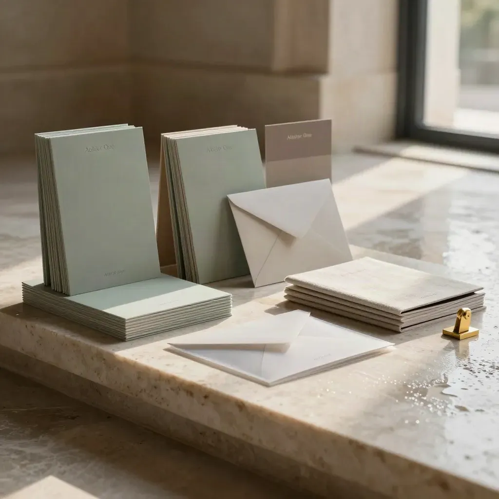 Luxury branding starter kit on wet stone with logo boards, colour chips, mini guide and brass clip.