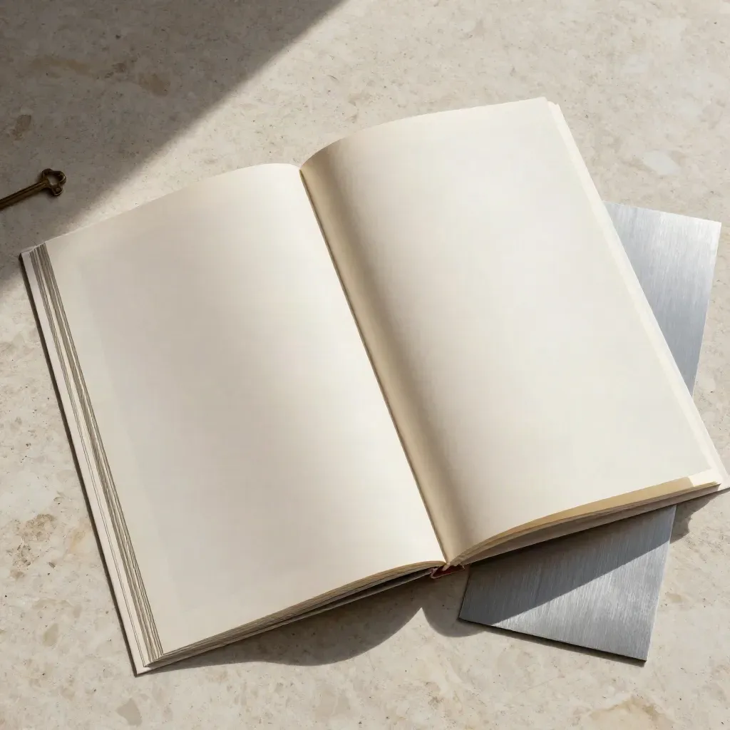 Overhead flatlay of blank editorial spreads, acetate sheet and presentation card on travertine.