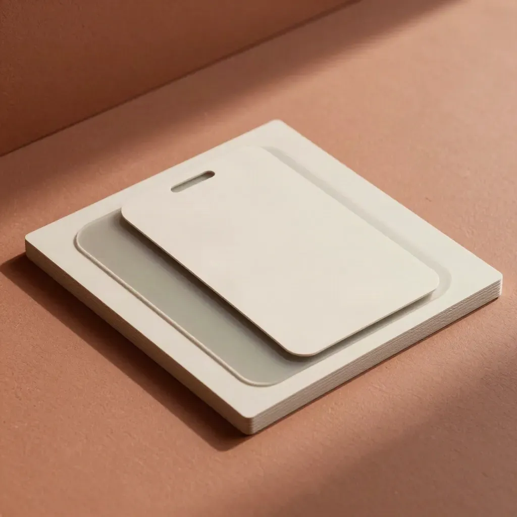 Laid-out social kit tiles, blank phone card, and translucent overlays on terracotta plaster.