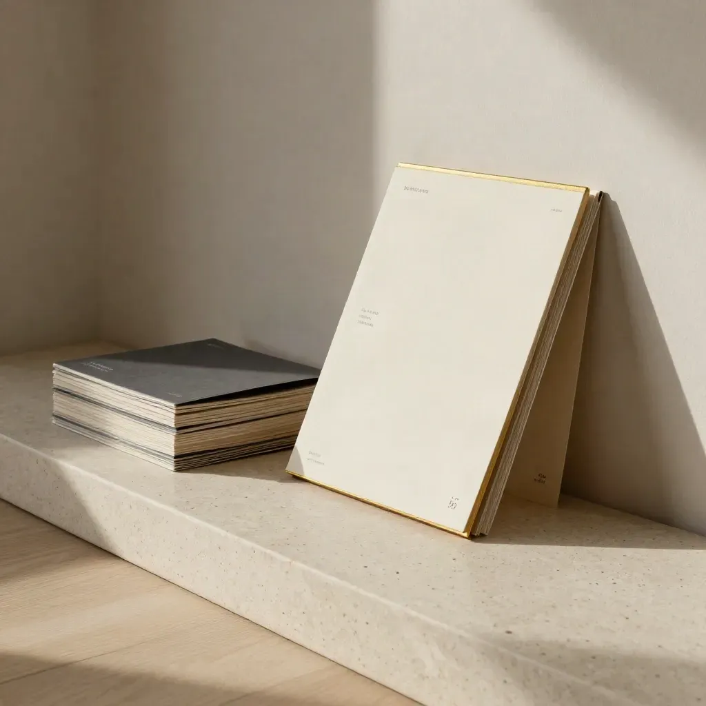 Brand launch collateral fanned on travertine with gold accents and soft daylight.