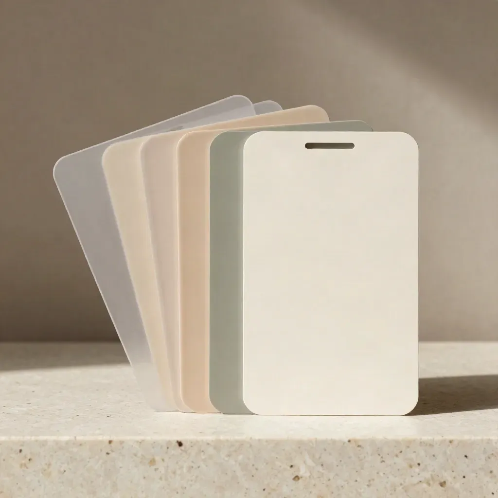 Fanned square template tiles with a phone-shaped card on pale stone, softly lit with sage accents.