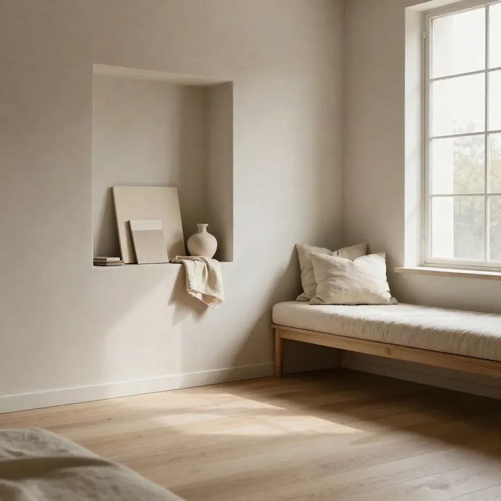 Sunlit pale oak studio corner with a linen window seat and wall niche